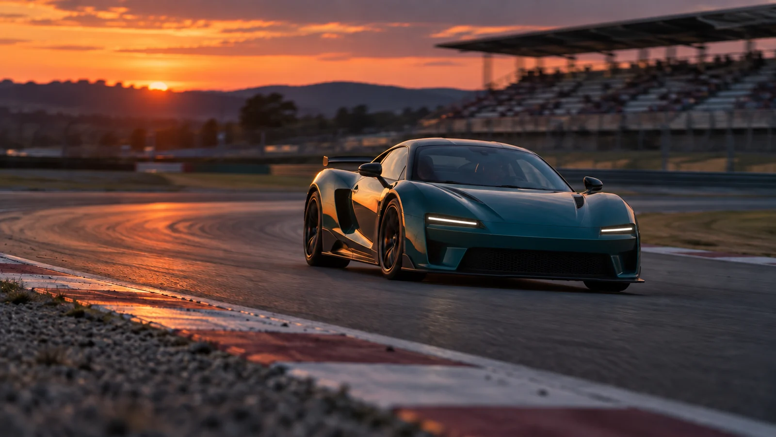 An unbranded teal racing car on a circuit at sunset.