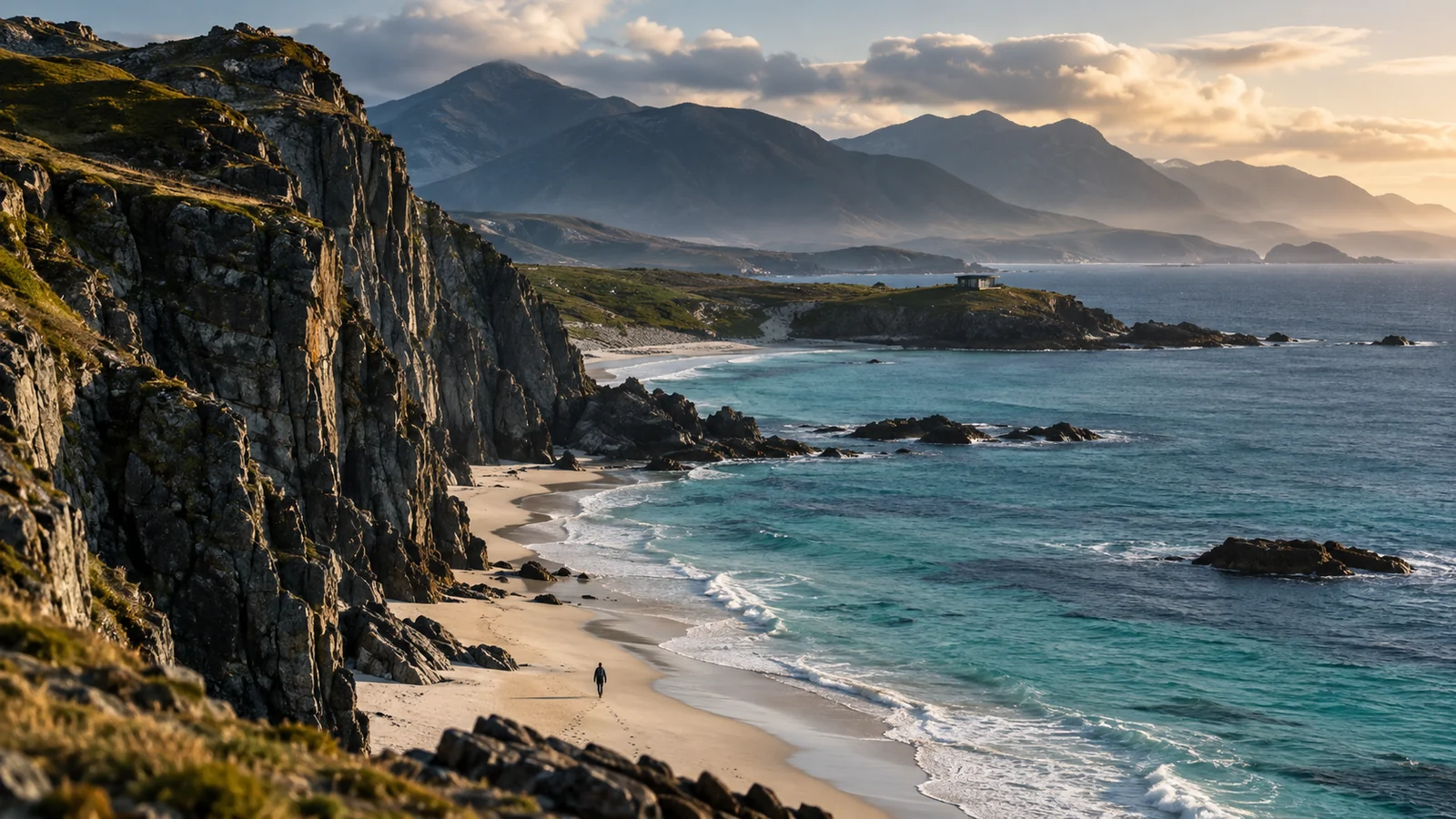 Waves breaking along a secluded coastline beneath rocky mountains.