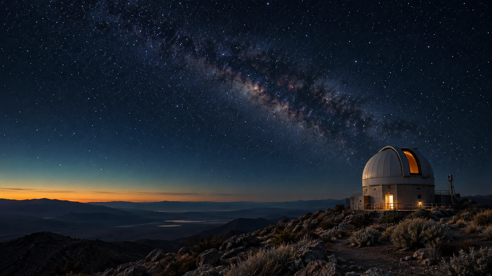 A remote observatory beneath a star-filled night sky.