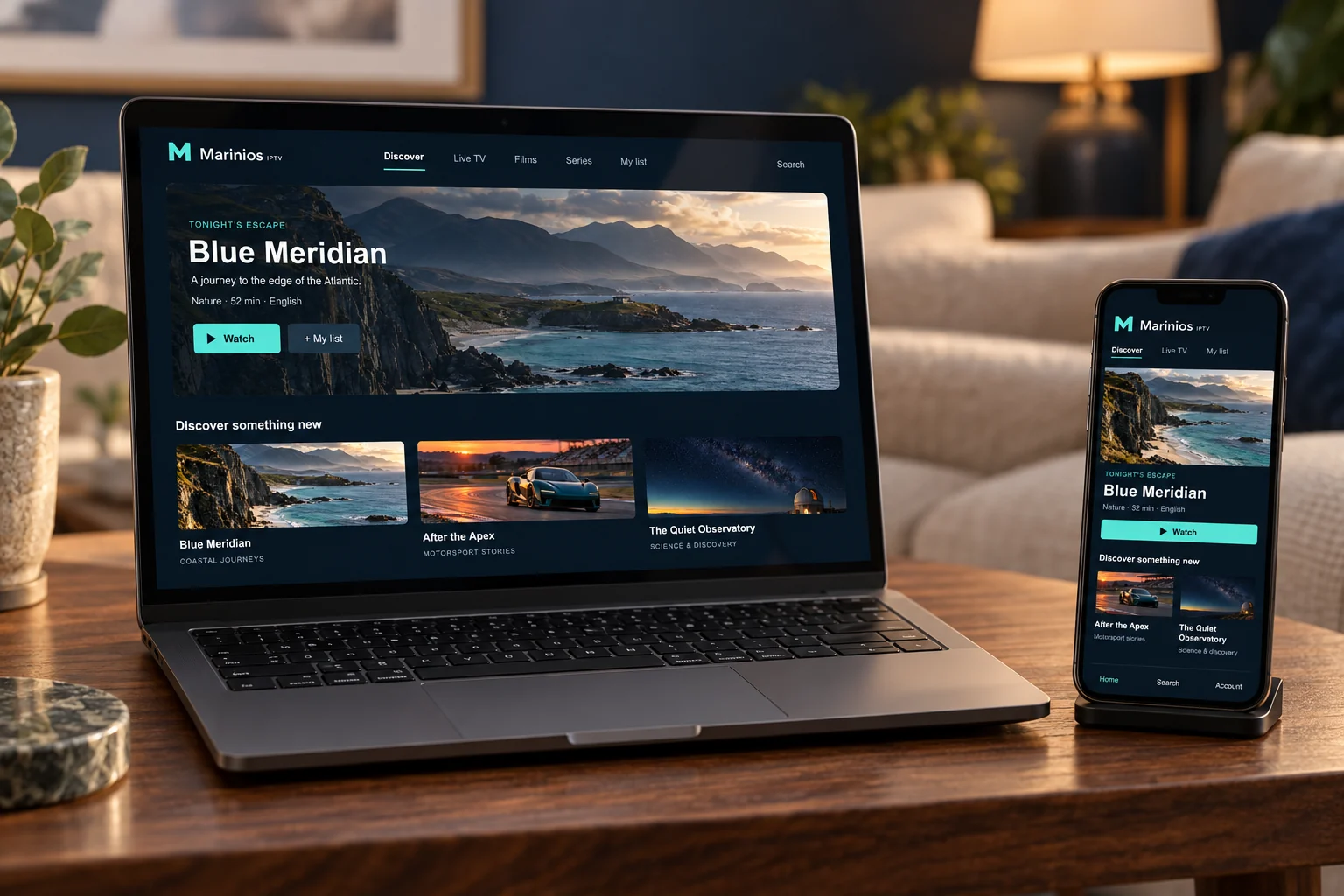 A laptop and a phone side by side showing the Marinios IPTV browsing interface.